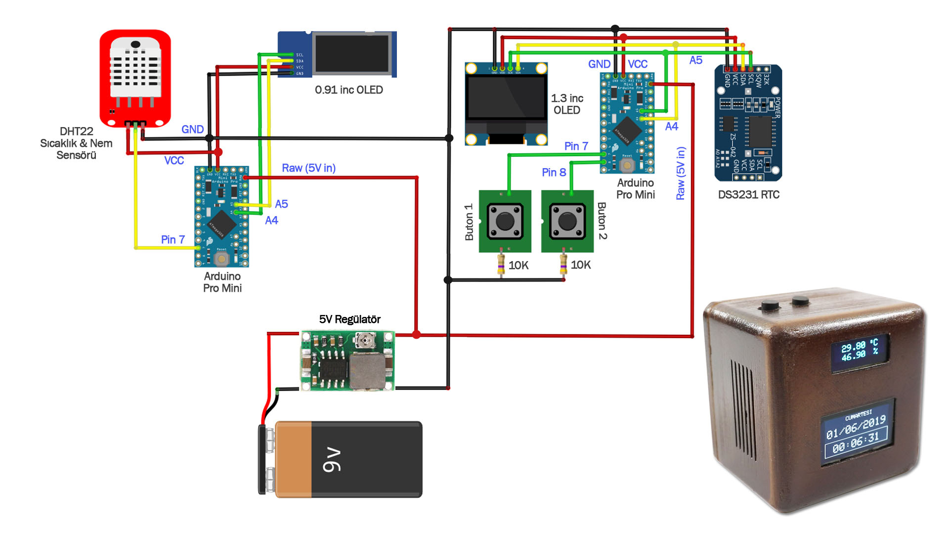 3D Yazıcı ve Arduino ile Ayarlı Saat & Sıcaklık & Nem