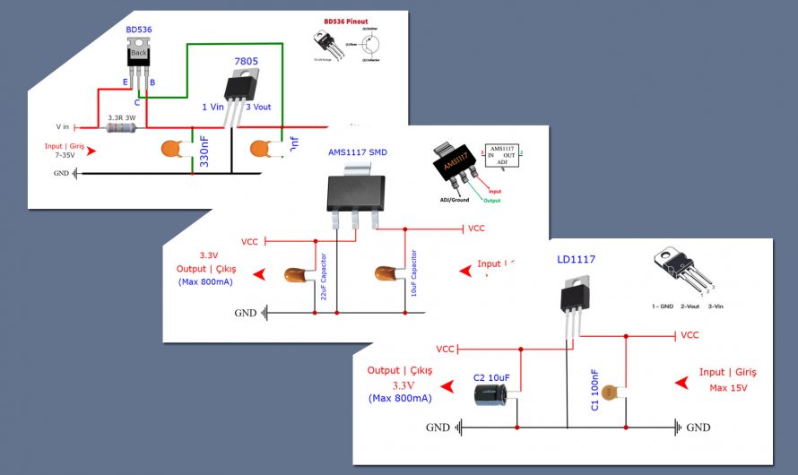 Sabit Voltaj Regülatör Devreleri. DIY 3.3V , 5V Voltaj Düşürücü Devreler.